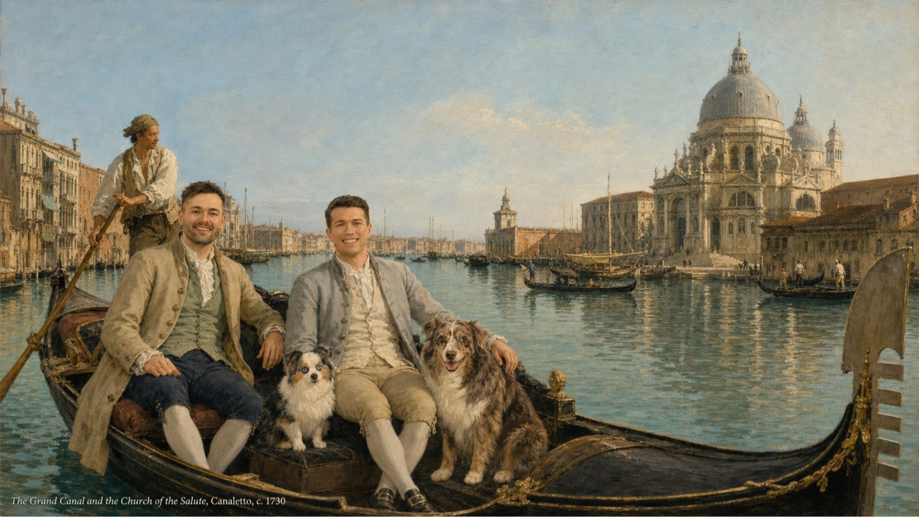 Family in a gondola in Canaletto's Venice